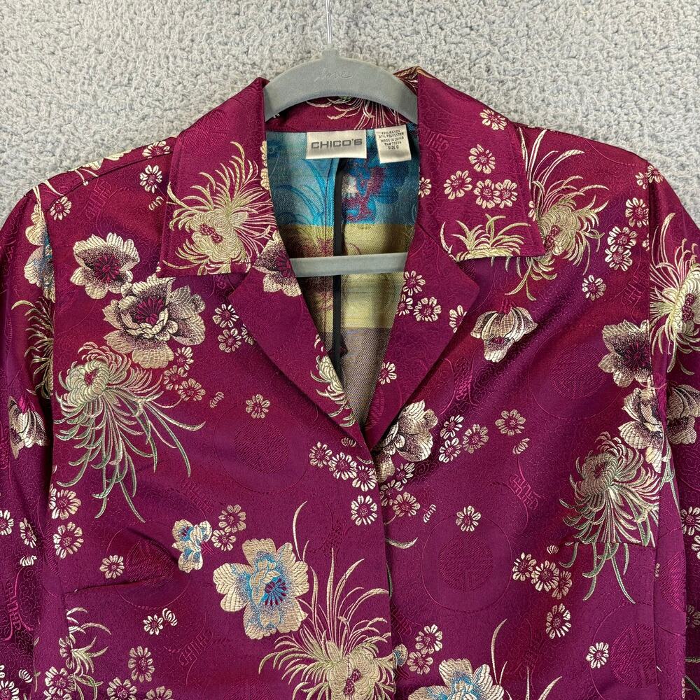 Chicos Jacket Small Embroidered Asian Floral Emboss Lightweight Blazer Sz 0 VTG - Picture 2 of 13